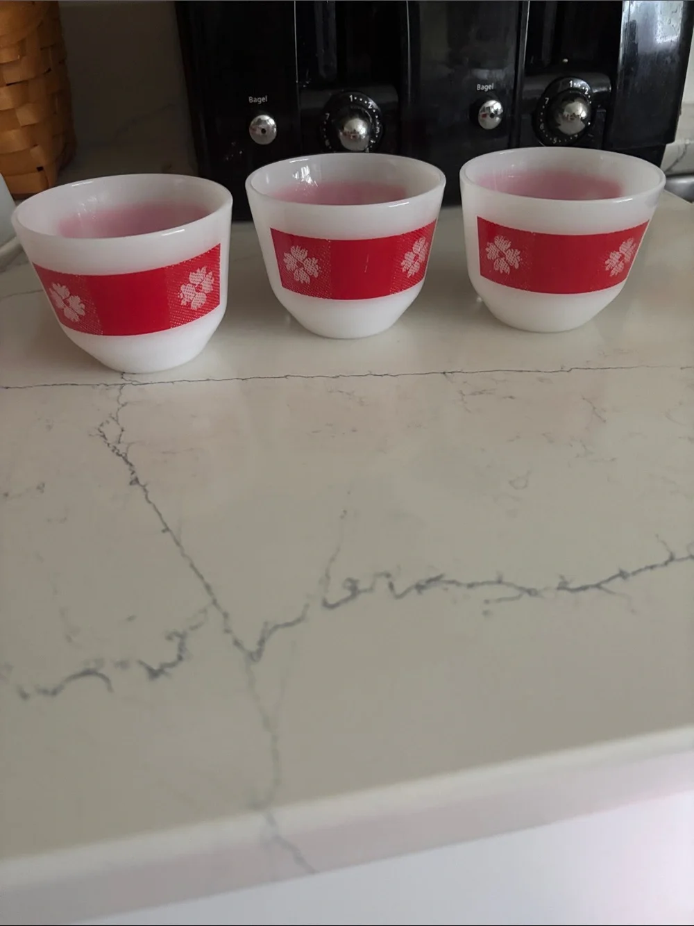 Vintage White Glass Bowls with Red Floral Band - Set of 3